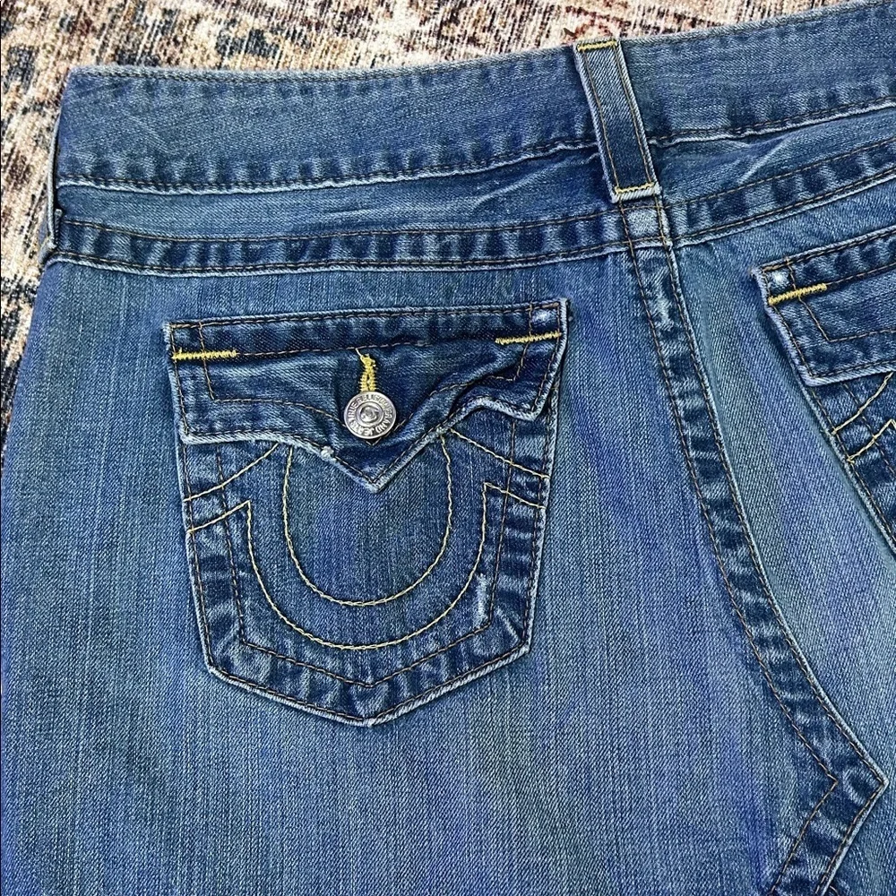Vintage True Religion Y2K USA Made Raw Hem Blue Distressed Denim Mini Skirt | 31